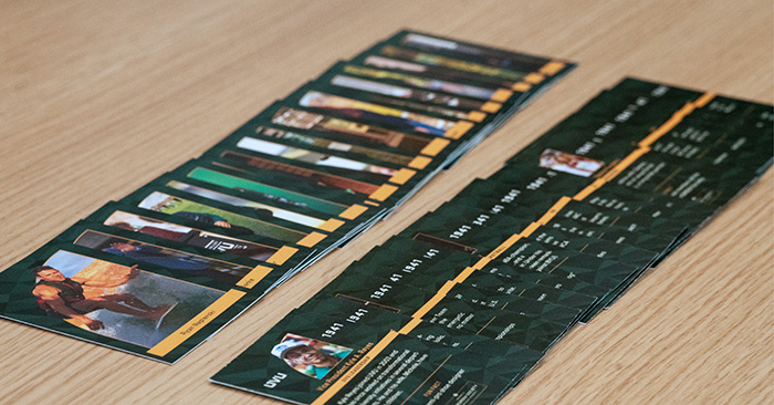 Baseball cards arranged on a table