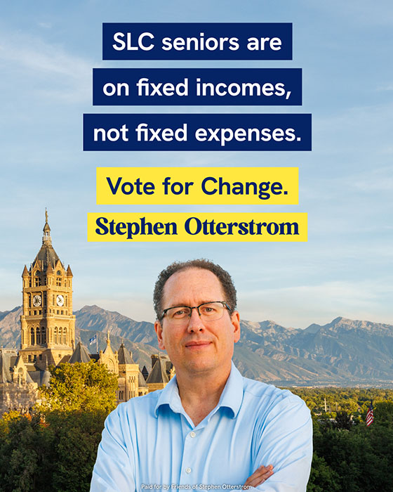 Image of man standing outside with the text 'SLC seniors are on fixed incomes, not fixed expenses. Vote for change.'