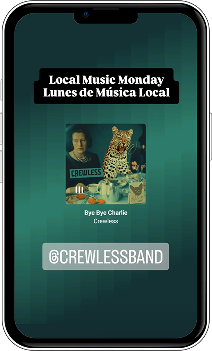 Phone with a dark background and a song playing in the middle. Text above says 'Local Music Monday / Lunes de Musica Local'