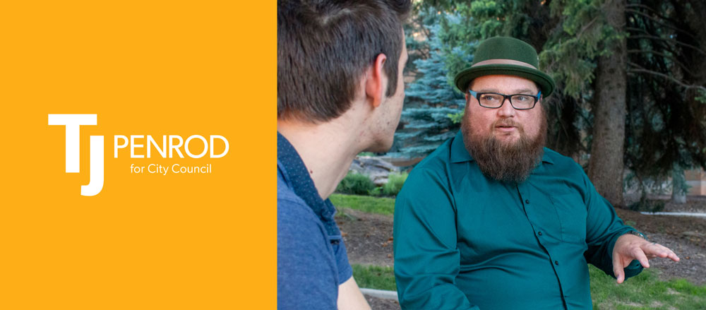 Banner image of TJ talking to a citizen with a gold box containing his logo on the left