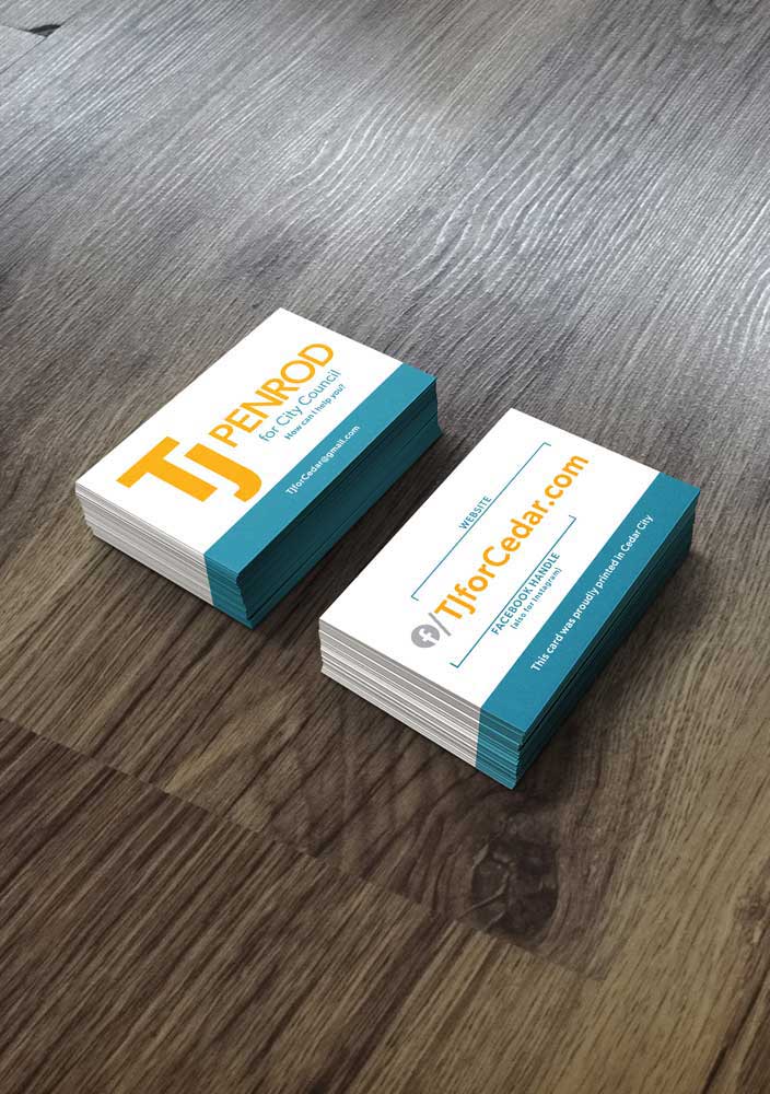 Front and back of the business cards for the campaign, featuring the TJ logo and website and social media information