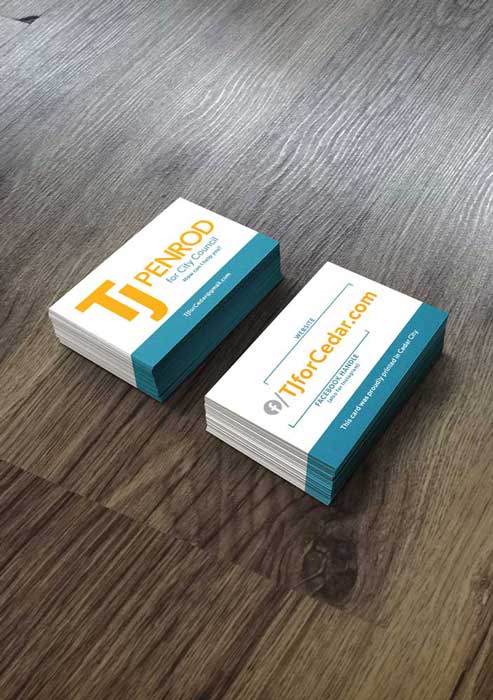 Front and back of the business cards for the campaign, featuring the TJ logo and website and social media information