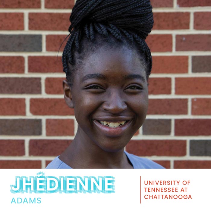 Headshot of Jhédienne Adams with branded text