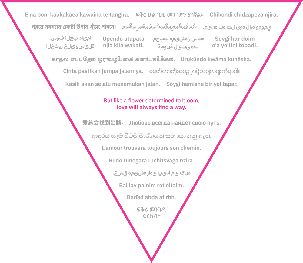 Triangle poster that says 'But like a flower determined to bloom, love will always find a way'