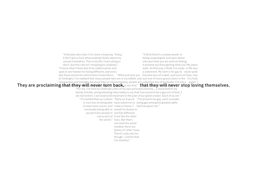Book spread that says 'They are proclaiming that they will never turn back, that they will never stop loving themselves.'