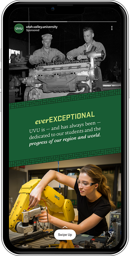 Phone with a historic image on top and a newer image on bottom with text in the middle