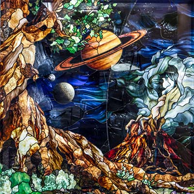 Image of the Stained Glass artwork 'Roots of Knowledge' specifically showing a tree and stars