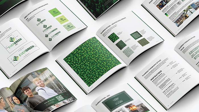 Several open books on a table