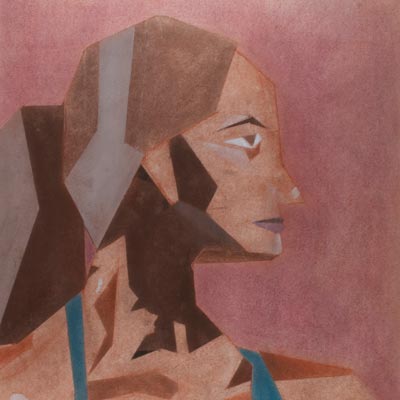 Pastel drawing of a woman with abstract shadows on a mauve background