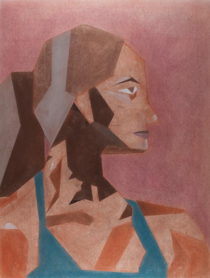 Pastel drawing of a woman with abstract shadows on a mauve background