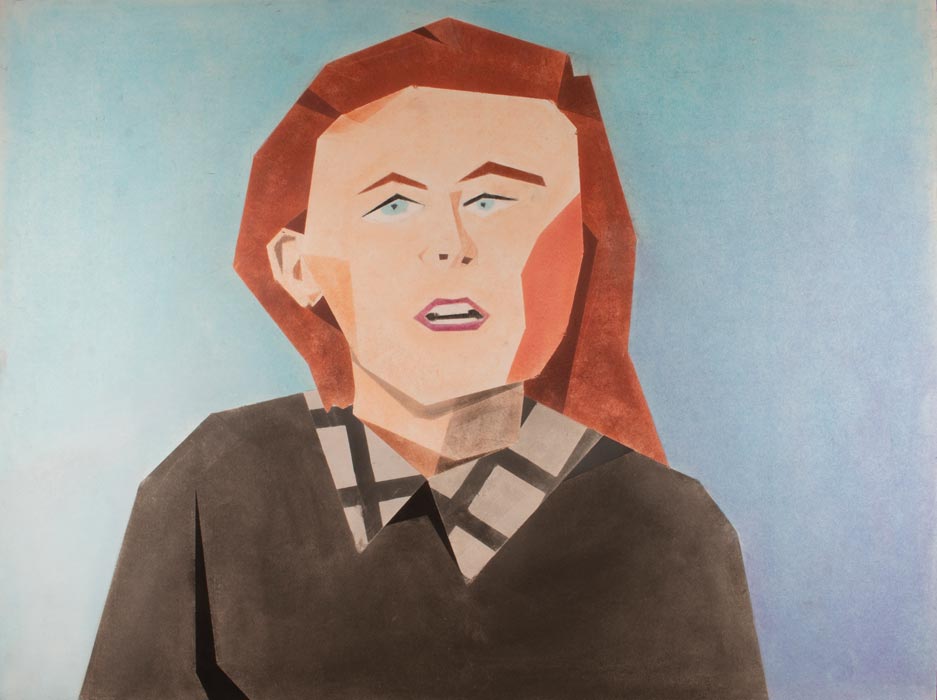 Pastel drawing of a woman with a blue background