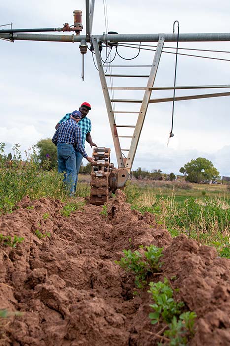 Two men standing in a field, leaning against equipment