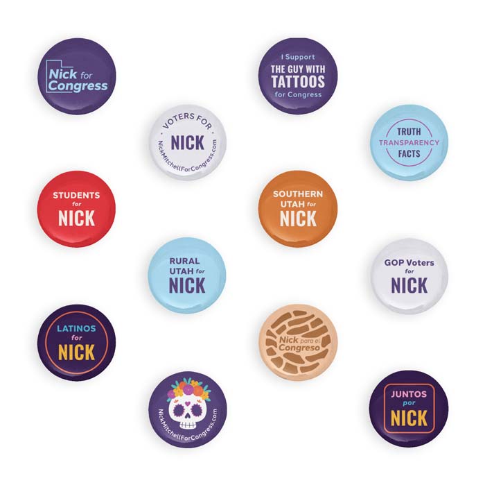 Set of 14 buttons, each with a different, branded design